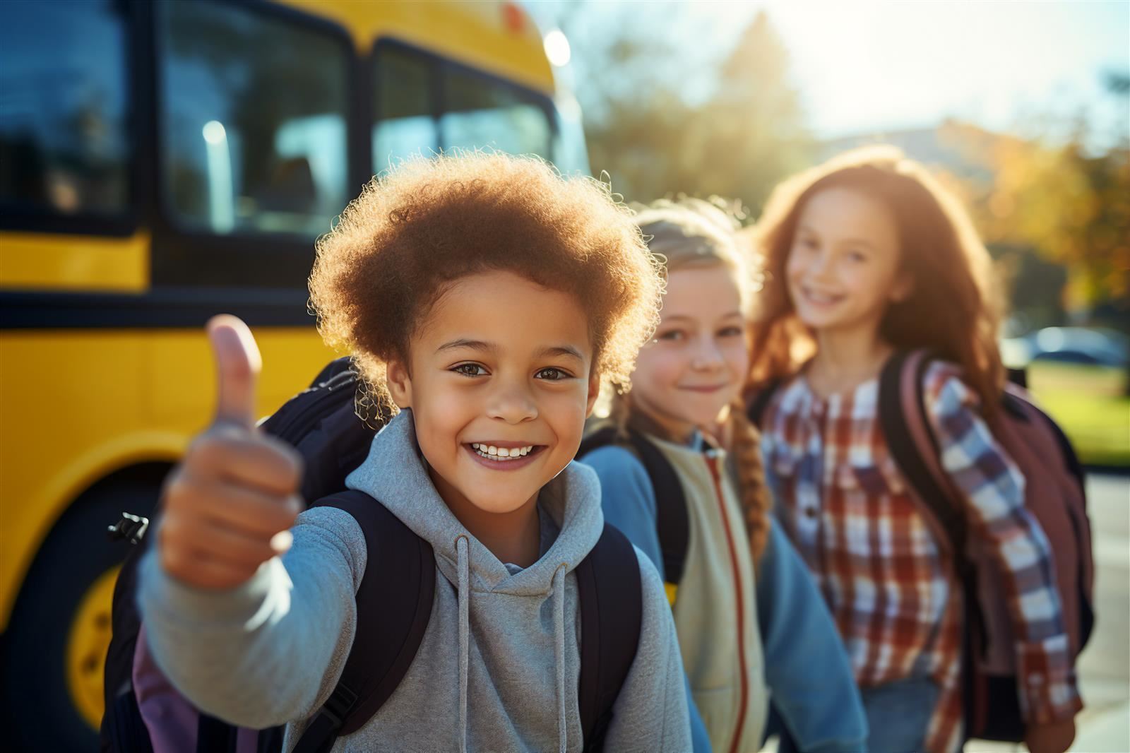 Students getting on bus give the thumbs up